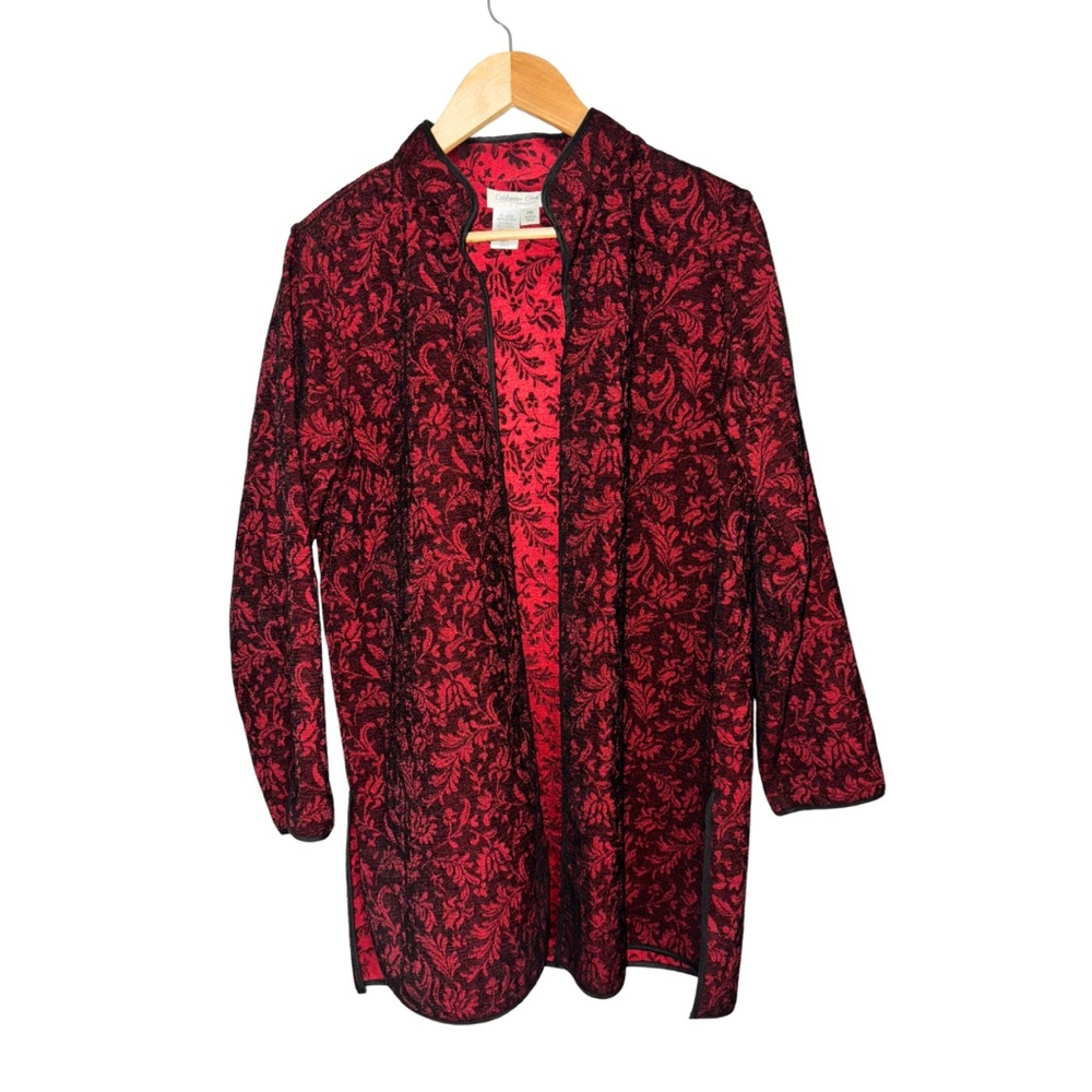 Coldwater Creek Red Floral Jacquard Jacket Petite M Open Front Boho Goth